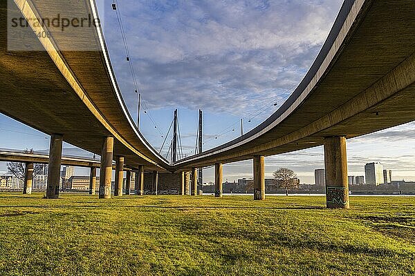 Bridge ramps of the Rheinknie Bridge over the Rhine near Düsseldorf  view from Oberkassel  North Rhine-Westphalia  Germany  Europe