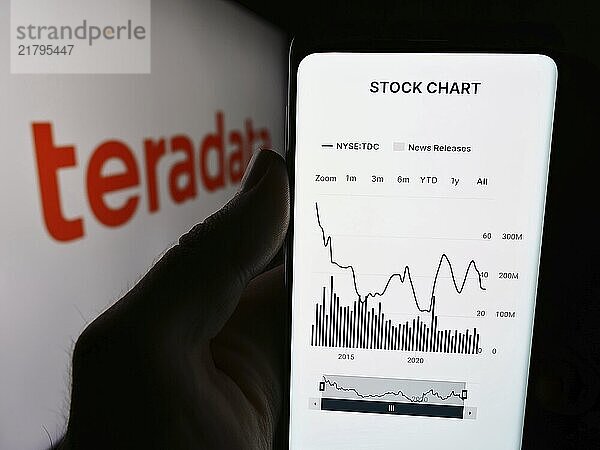 Stuttgart  Germany  07-05-2024: Person holding cellphone with webpage of US database software company Teradata Corporation in front of logo. Focus on center of phone display  Europe