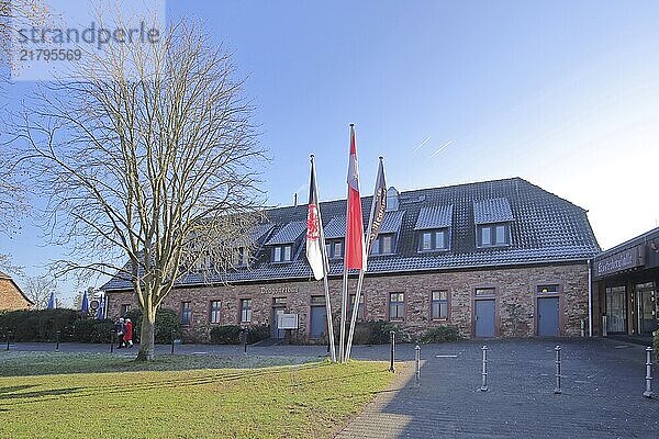 Hotel and restaurant  dragoon building with flags  castle  Langenselbold  Hesse  Germany  Europe