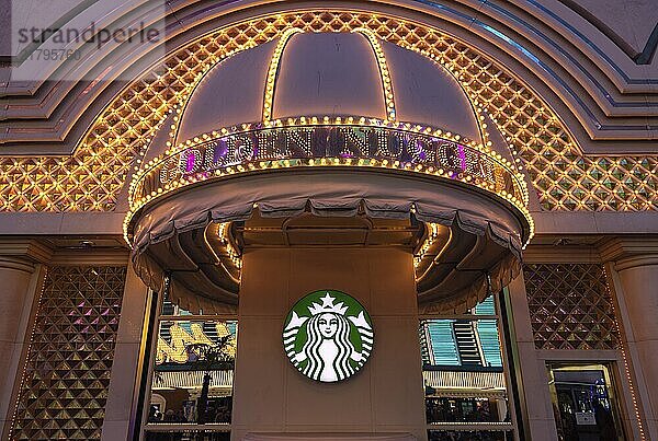 A picture of the neon signs at the Starbucks of the Golden Nugget Las Vegas Hotel and Casino