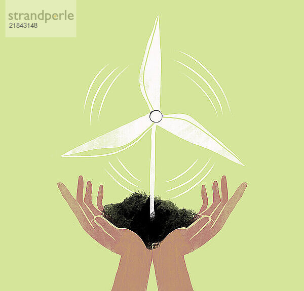 Illustration of hands holding a wind turbine symbolizing green energy and sustainability