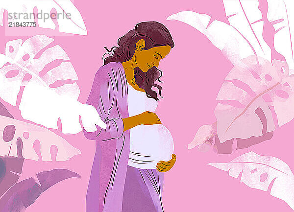 Illustration of a pregnant woman stroking her belly surrounded by tropical leaves