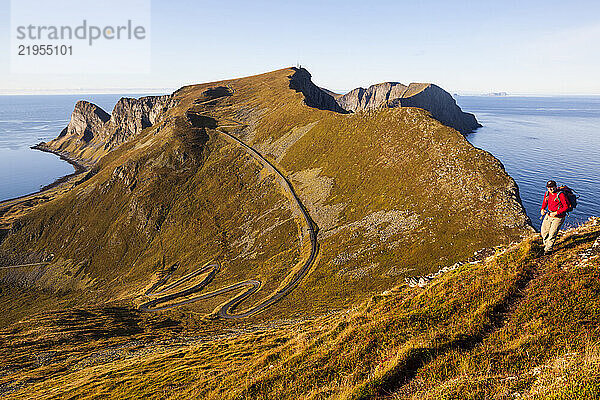 A man hikes a trail on the crest of Vaeroy Island  Lofoten Islands  Norway at sunrise.