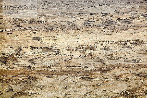 Detail of canyons carved into the Judaean Desert seen from the top of Masada  Israel.