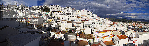 Rooftop view over the whitewash buildings of the historic old town of Salobrena on the Mediterranean coast  Andalusia  Spain.